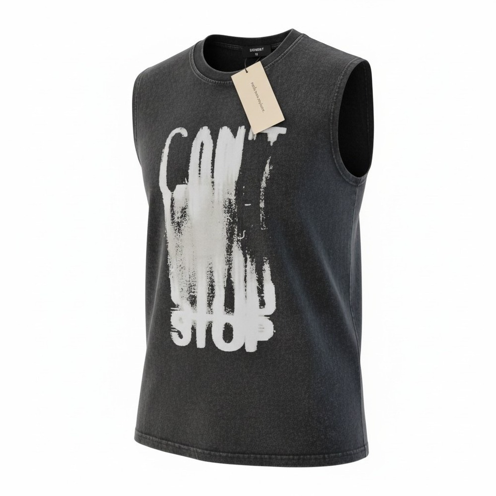 Supermade Mens Cant Stop Graphic Muscle Tank Top Acid Wash Charcoal Gray Size M